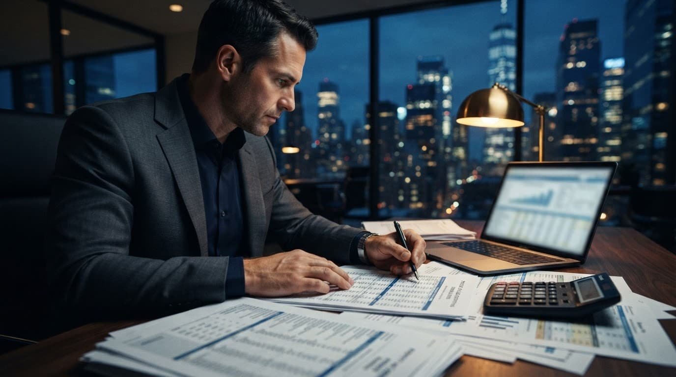 A lender reviews lease documents and cash flow papers at a desk overlooking city buildings.