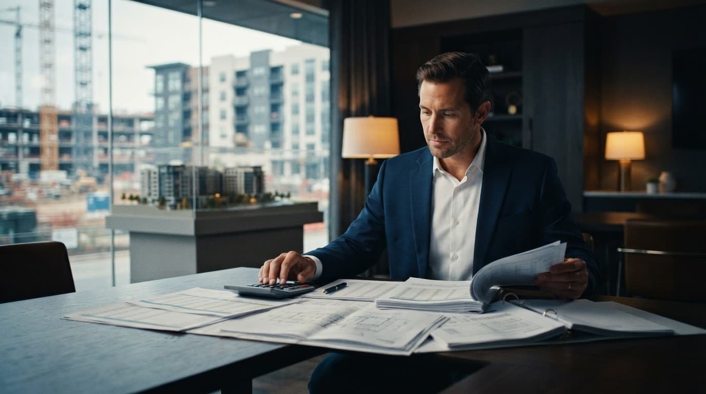 A buyer reviews property plans and financial papers beside a calculator at a conference table.