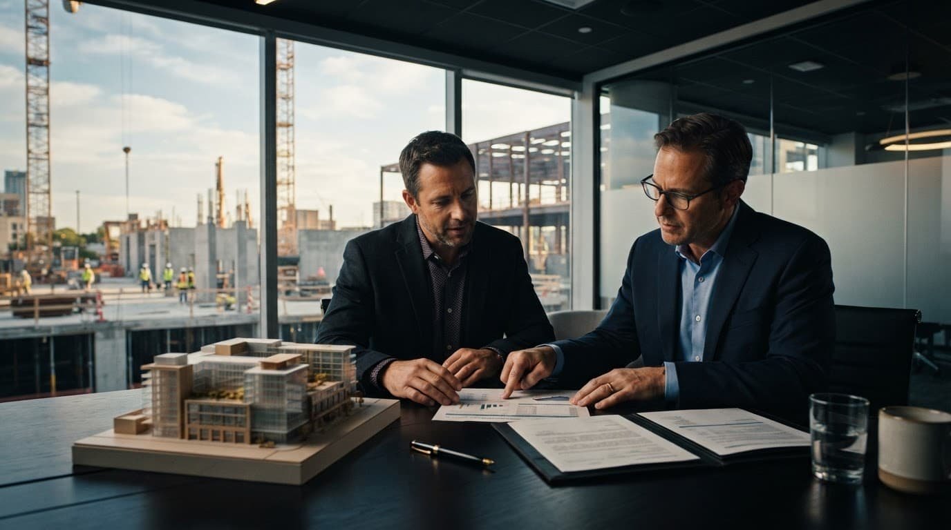 A property owner and lender review documents beside a building model in a modern office.