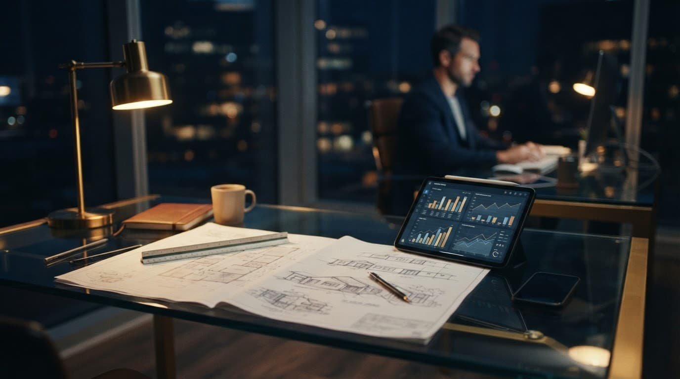 Blueprints and a tablet sit on a glass desk beneath warm light.