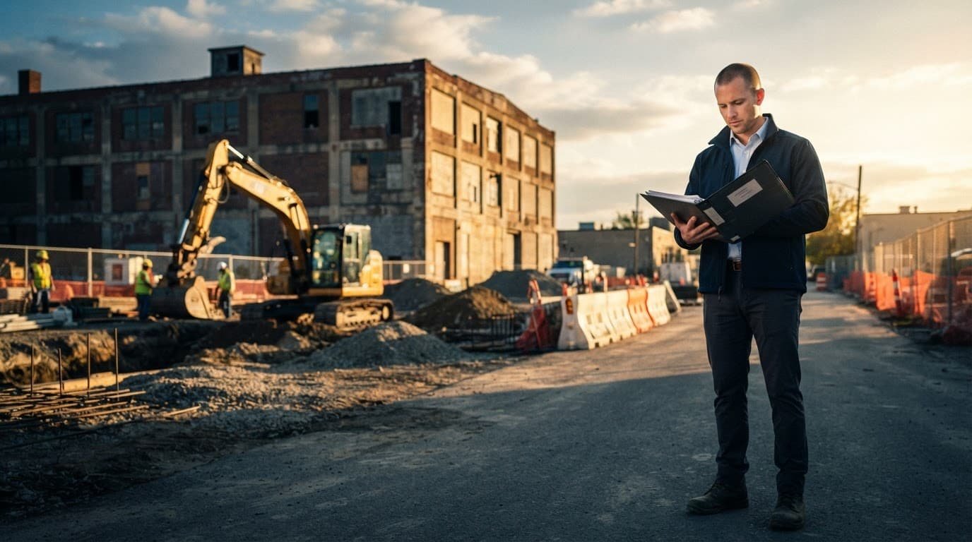 A real estate professional reviews a folder beside an excavator and industrial building.