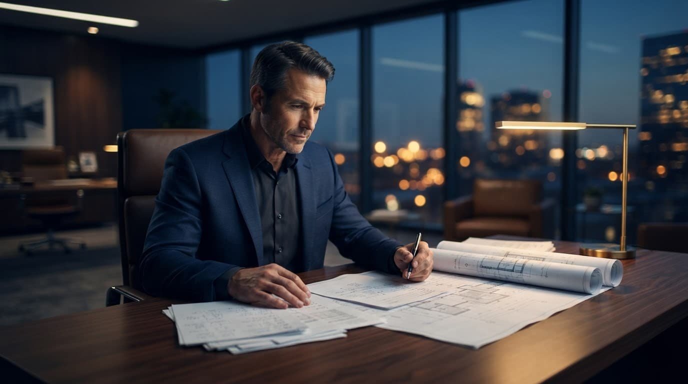 A professional studies financial papers and blueprints at a desk.