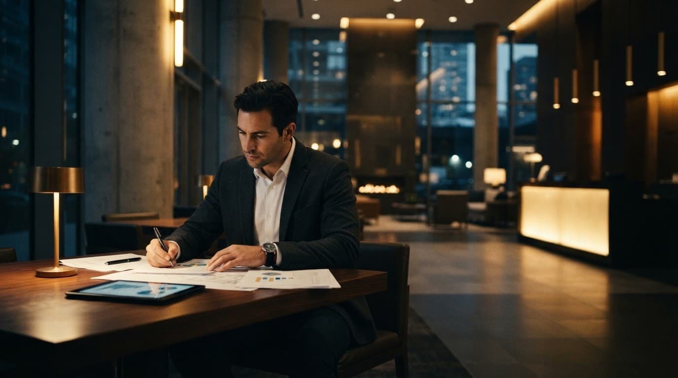 A business professional stands outside a modern office building under dramatic blue and amber lighting.
