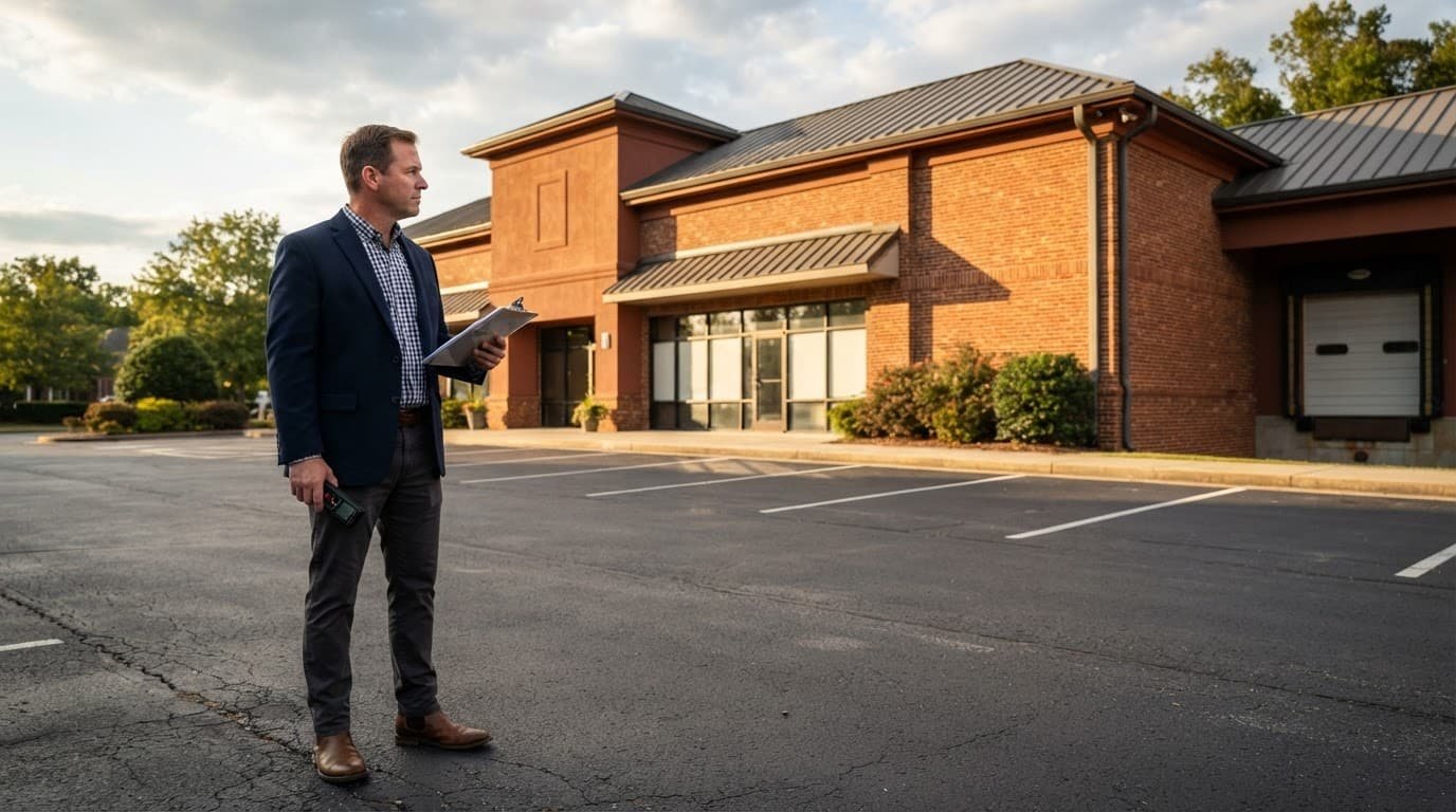 An appraiser inspects a commercial building beside a clean parking lot.