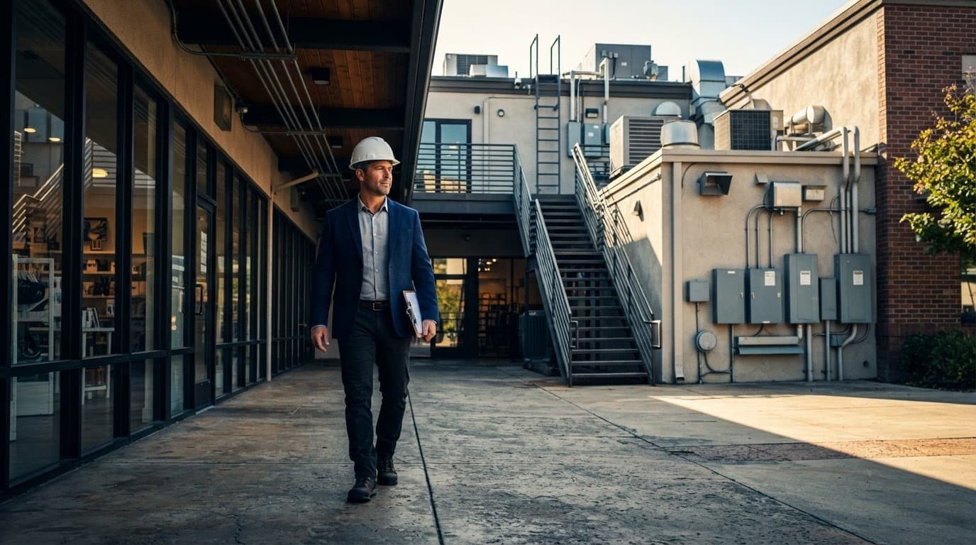 A buyer in a hard hat inspects a retail-office property with a clipboard.