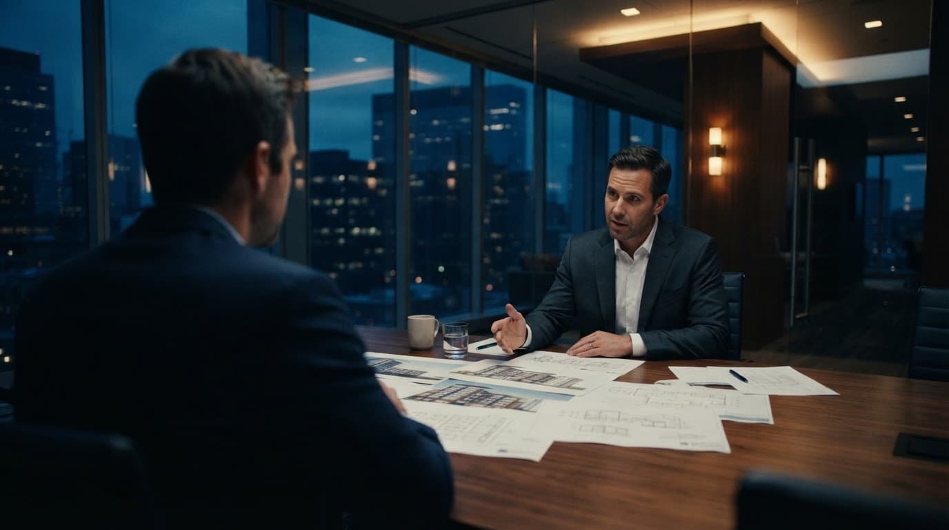 Two people review building plans during a commercial property loan meeting.