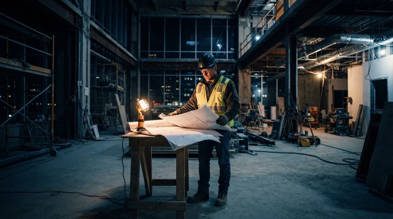 A worker in safety gear studies plans inside a renovated commercial property.