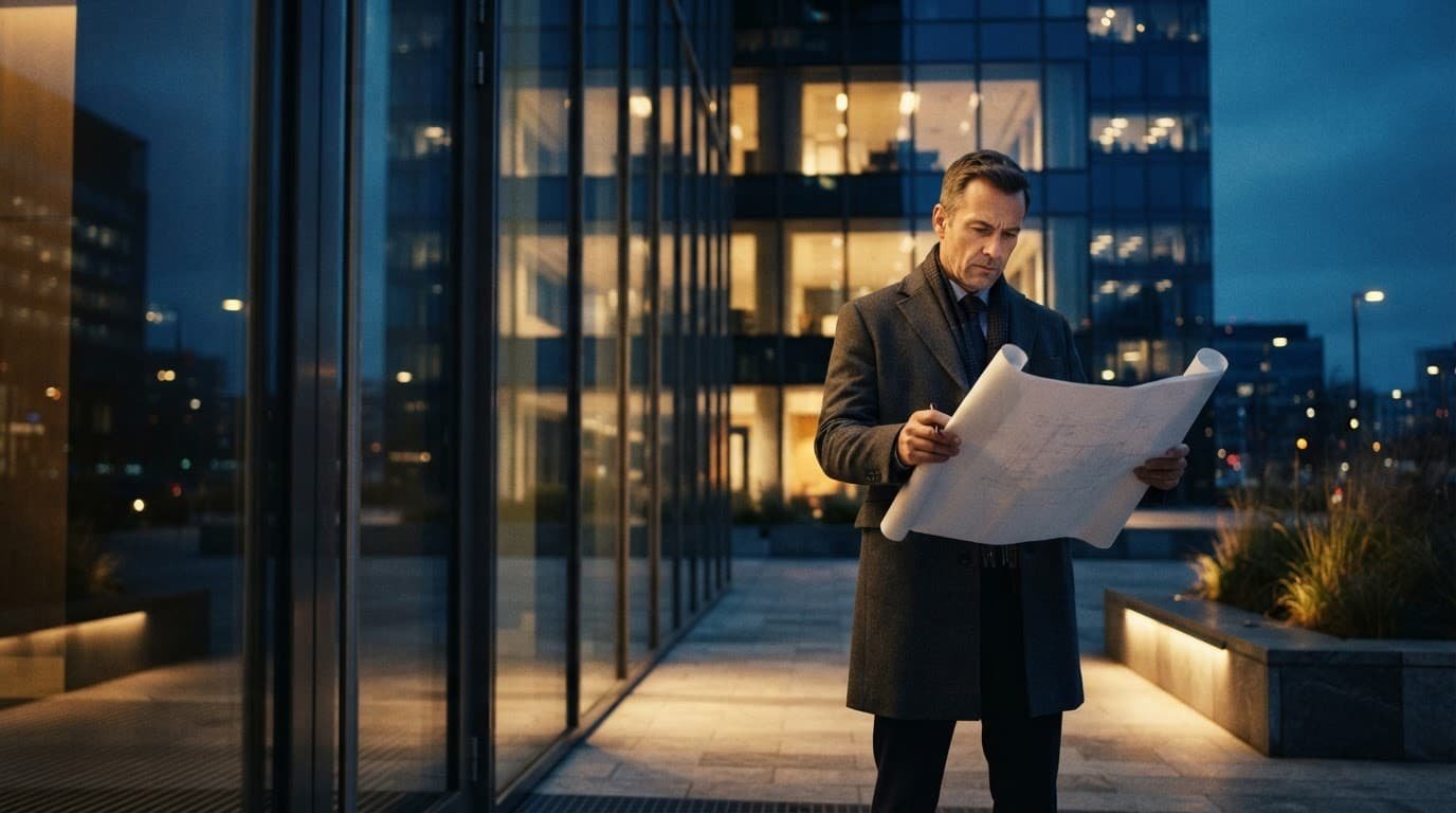 A businessman reviews blueprints beside a glass building at dusk.