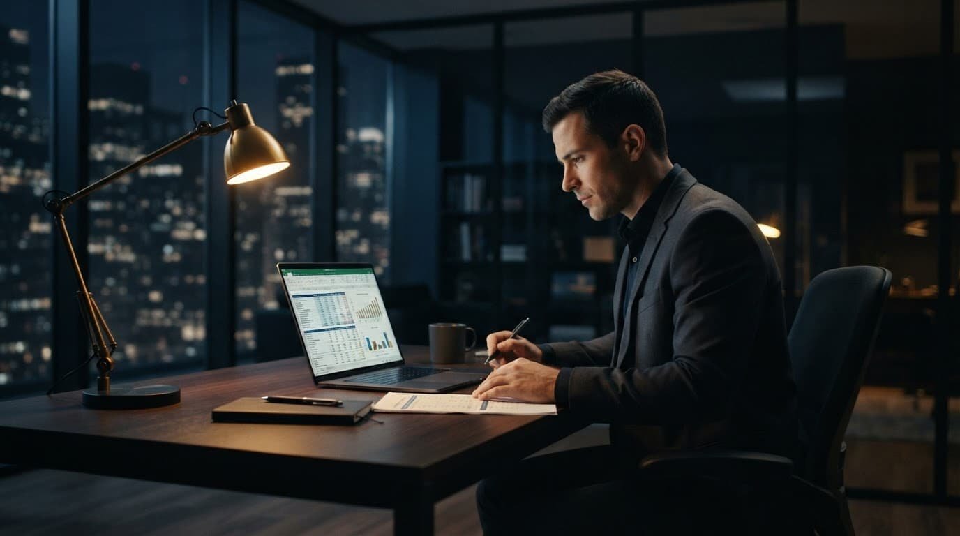 An analyst reviews property metrics on a laptop in a modern office.