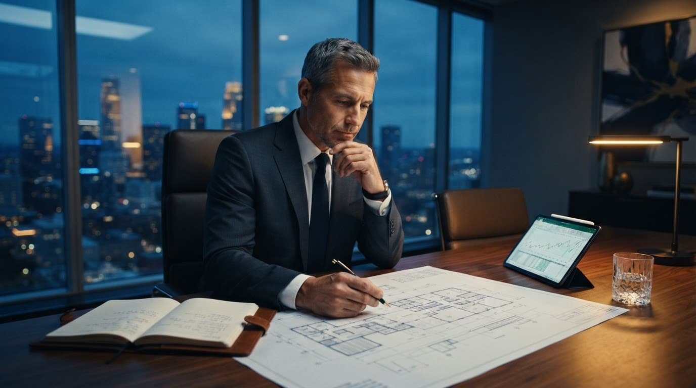 A professional studies a building blueprint at a sleek desk in a modern property setting.