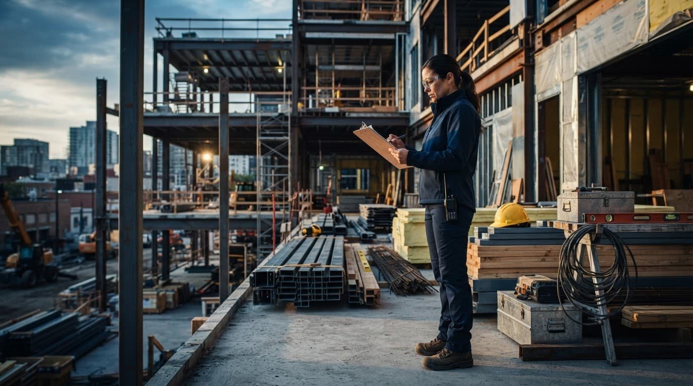 Manager reviews a clipboard beside steel framing and building materials.