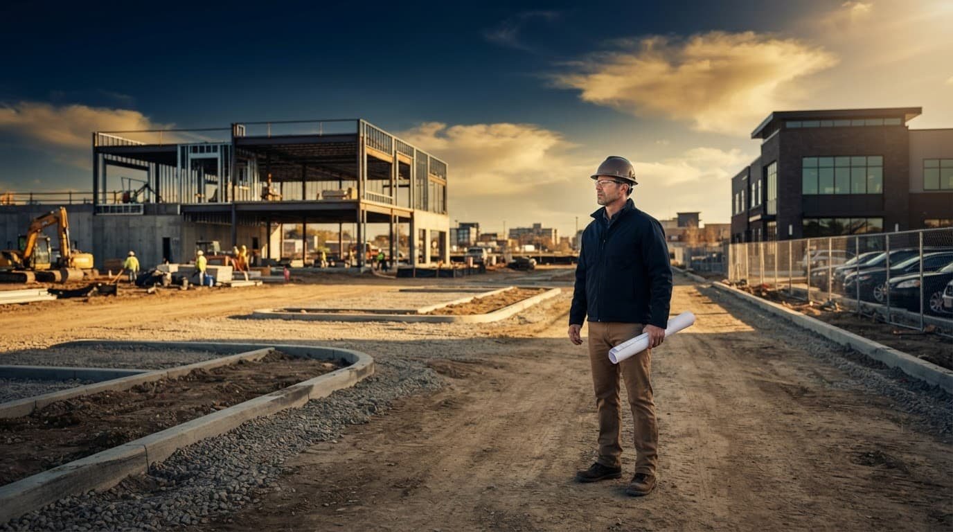 A contractor inspects a commercial site beside parking, steel framing, and a finished retail building.