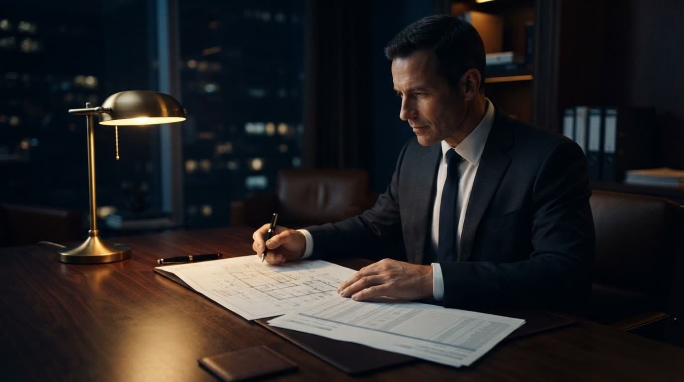 An executive studies building plans beside a ledger in a dark office.