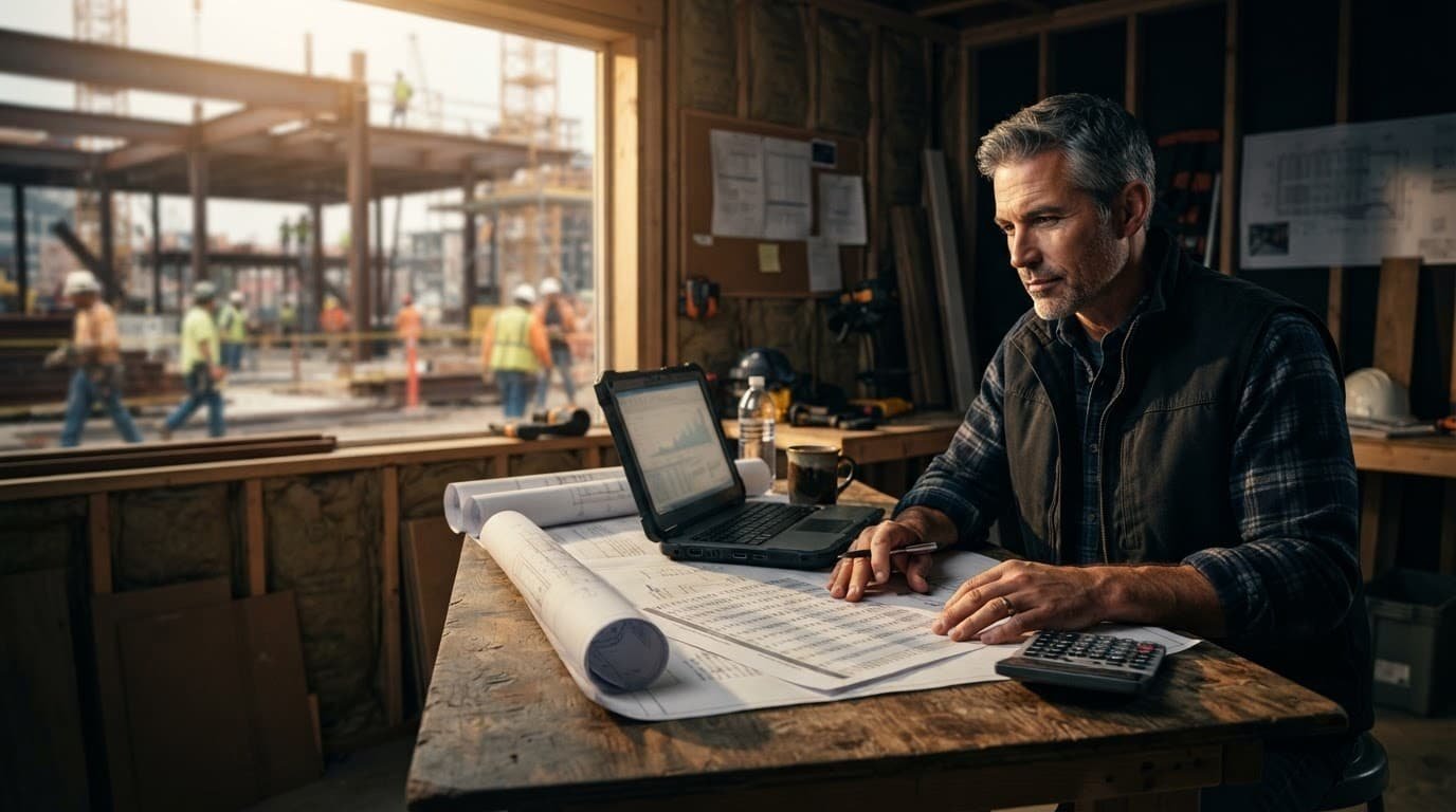Construction owner reviewing a loan schedule beside blueprints, a laptop, calculator, and coffee.
