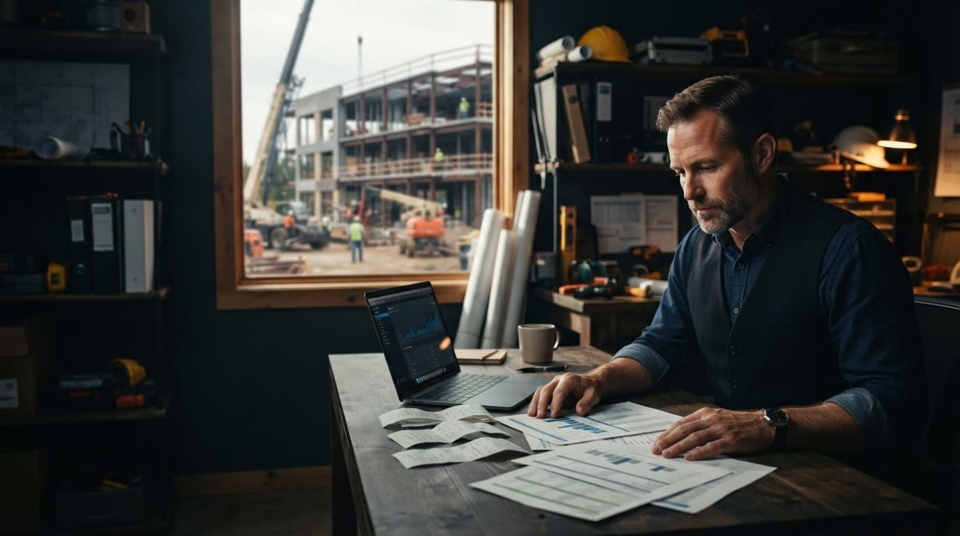 A contractor reviews cash flow papers beside a laptop near a construction site window.