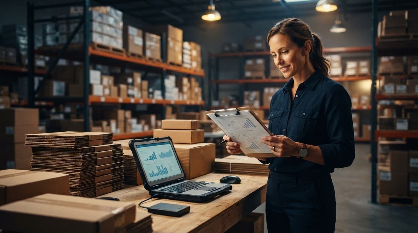 A business owner reviews inventory beside cartons and a laptop in a warehouse.