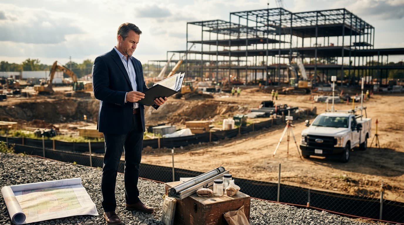 A developer reviews site documents beside a construction site with soil equipment and steel framing.