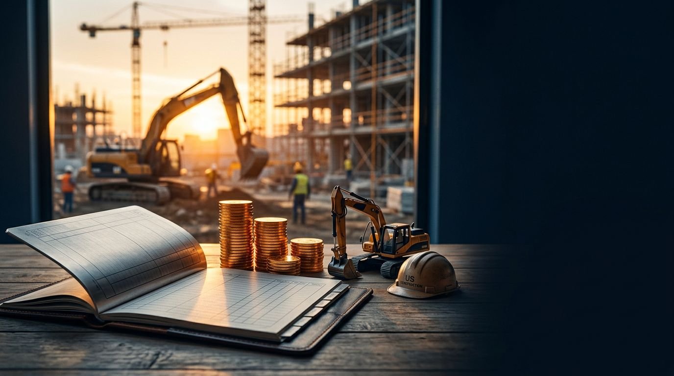 A loan ledger and gold coin stacks sit before a blurred construction site.
