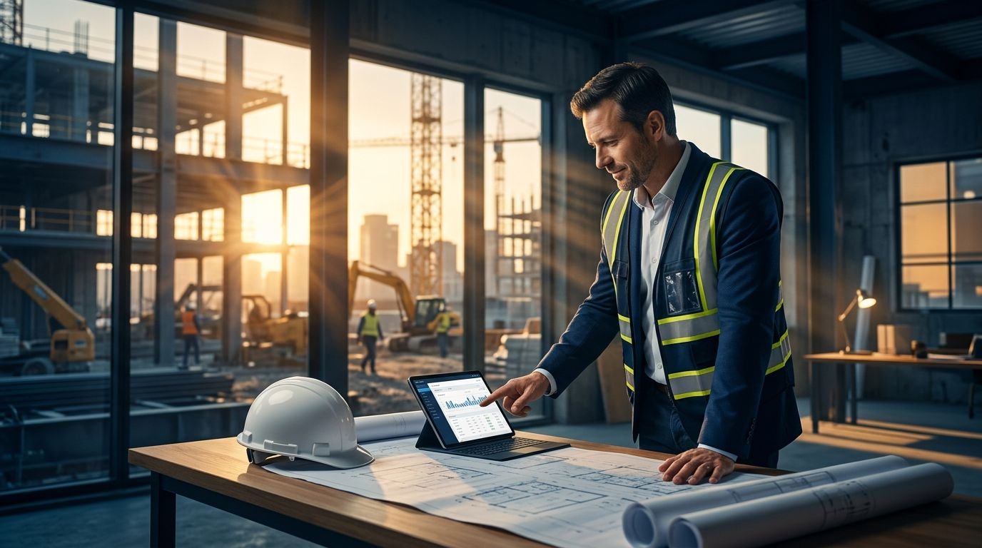 Business owner reviewing a tablet beside plans and a hard hat in a construction office.