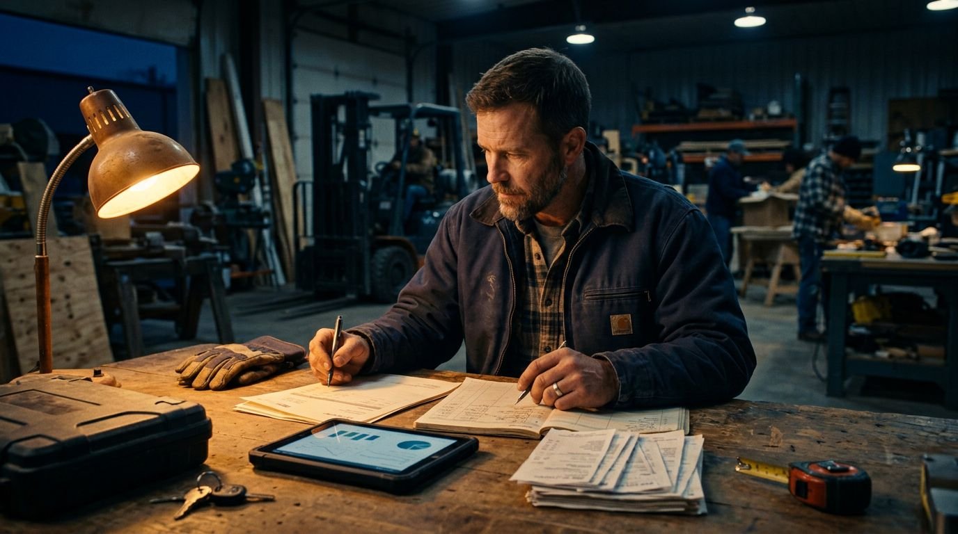 Contractor reviewing financial papers beside receipts, a tablet, and a tool case.