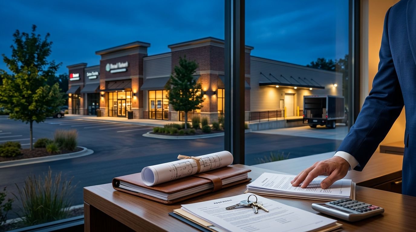 A professional organizes property documents, keys, and a calculator beside a warmly lit retail building.