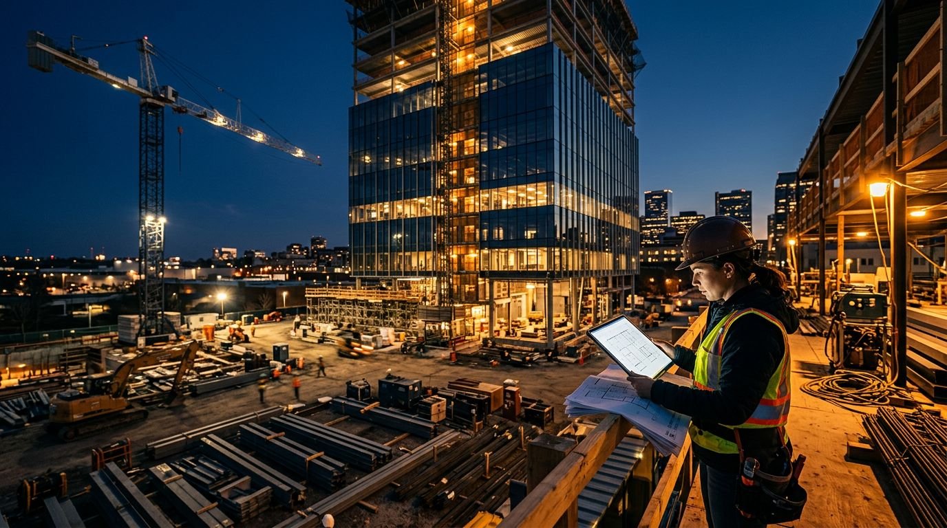 A superintendent reviews plans beside a tablet at a construction site.