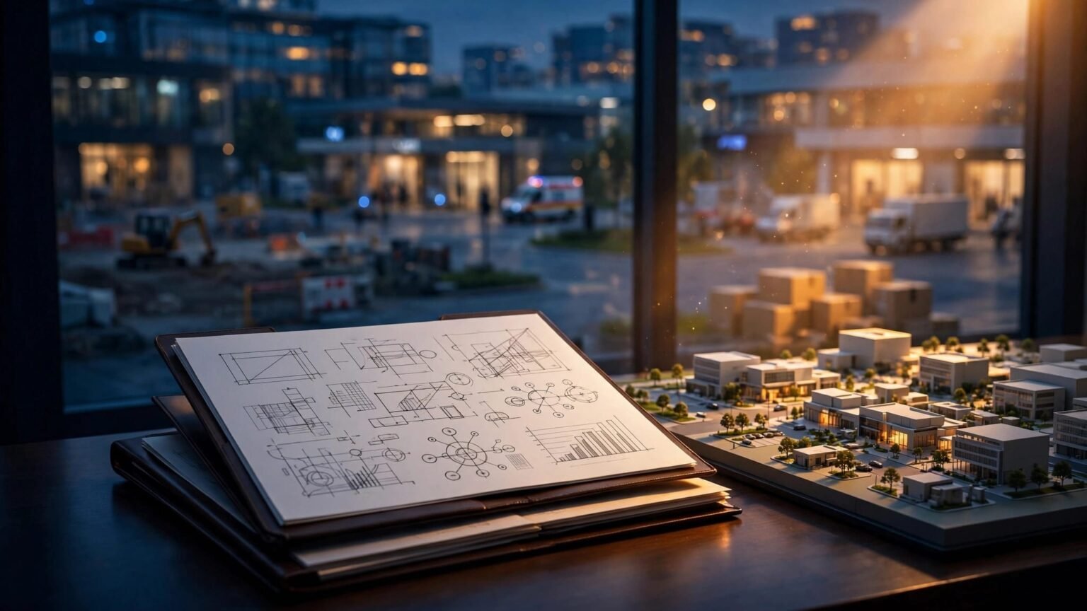An architectural model and lease folders overlook a modern property at dusk.