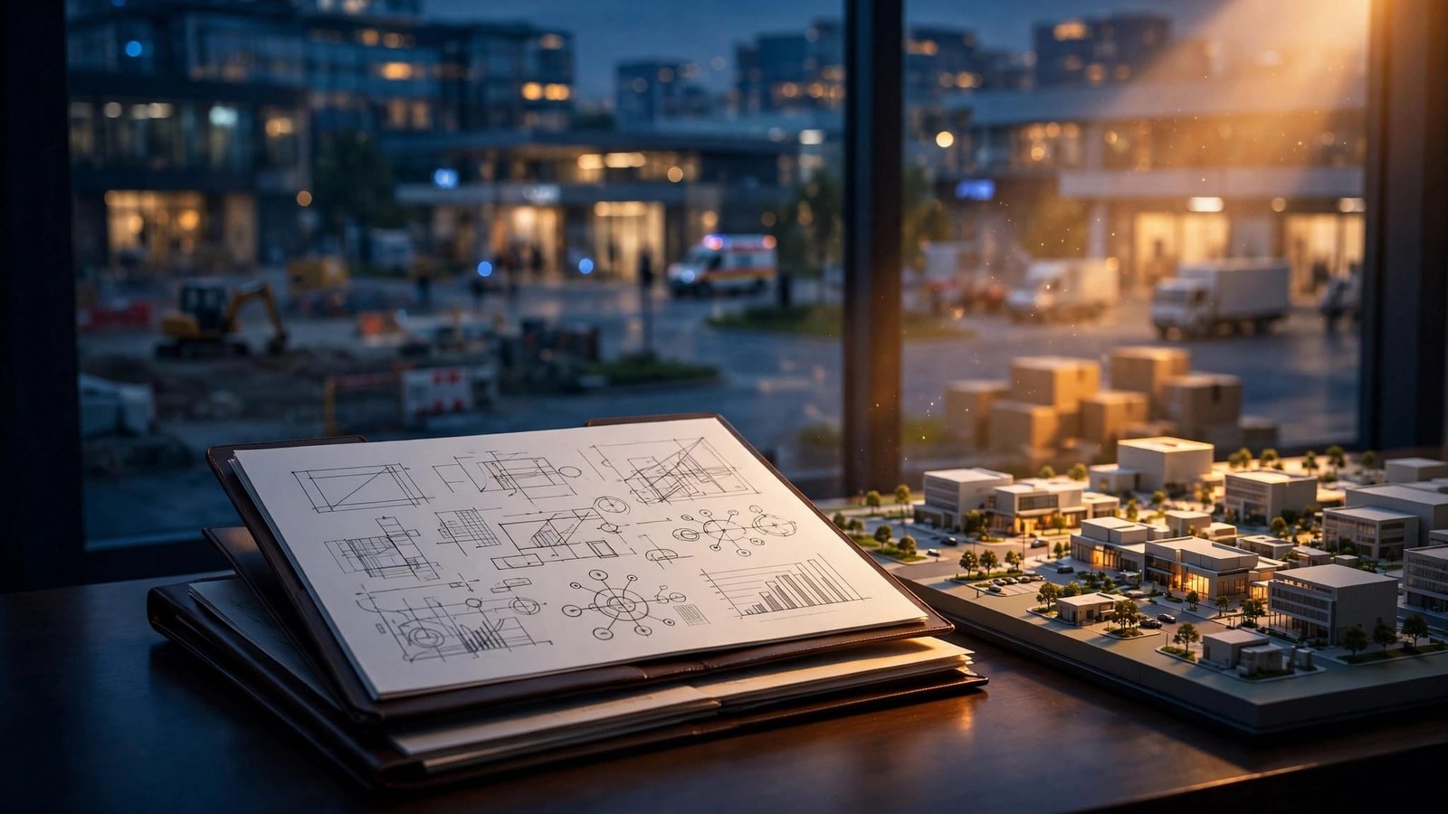 An architectural model and lease folders overlook a modern property at dusk.