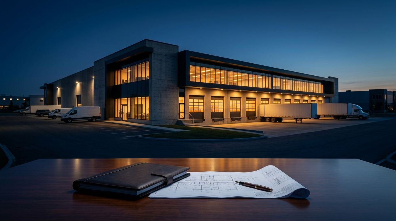 A warehouse glows at dusk behind plans and a closed leather portfolio.