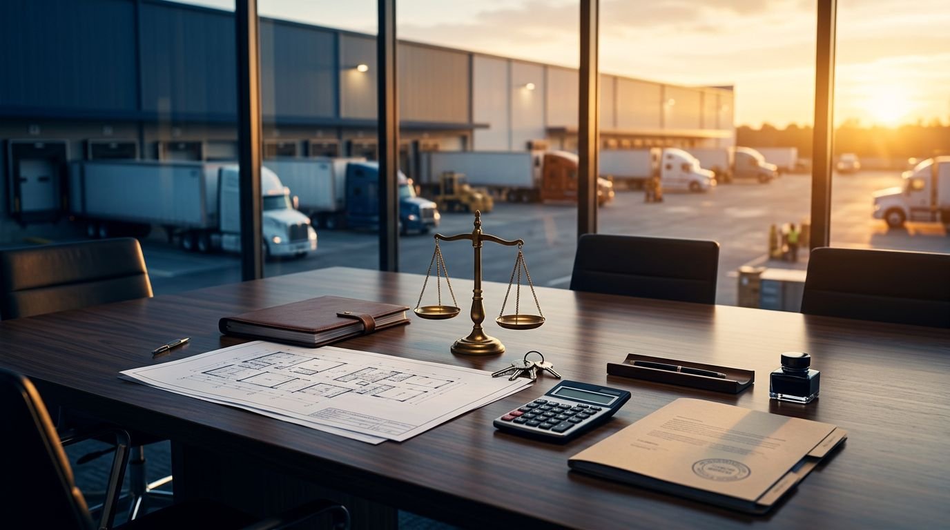 Commercial closing materials sit on a table overlooking an industrial warehouse.