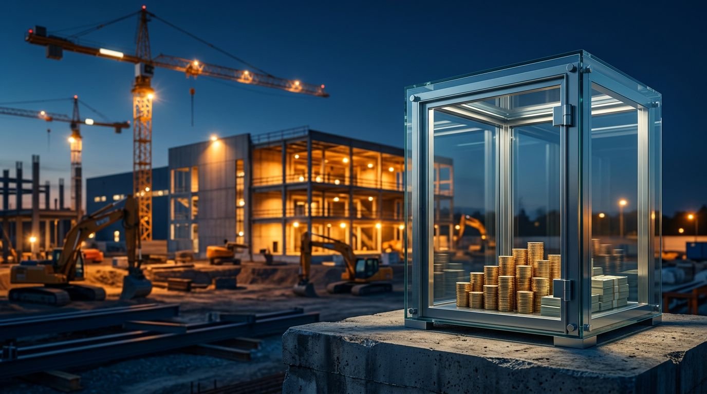 A glass vault holding gold coins and cash stands before a lit construction site at dusk.