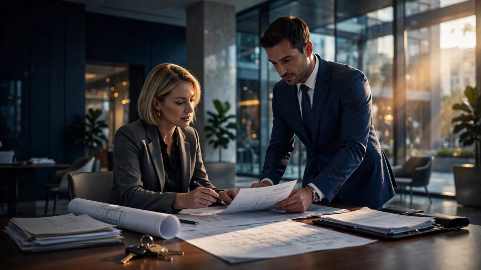 A property manager and lender review documents beside an office building lobby table.
