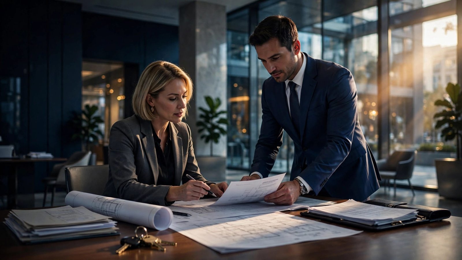 A property manager and lender review documents beside an office building lobby table.