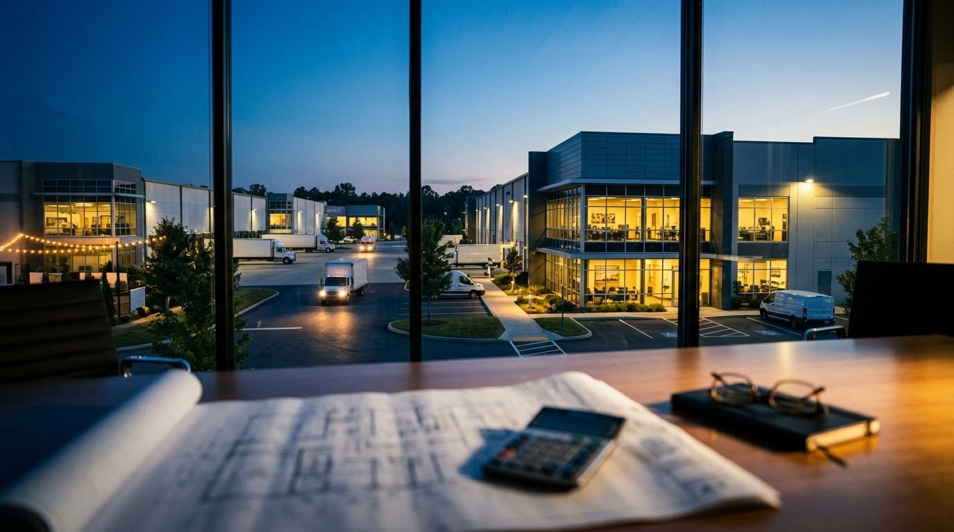 A glowing commercial property behind plans and a calculator on a conference table.
