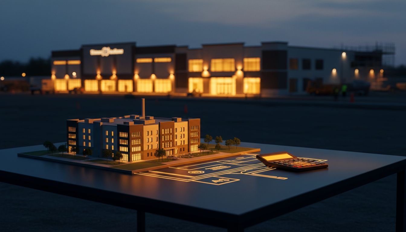 Architectural model and calculator on a navy desk before a lit commercial building.