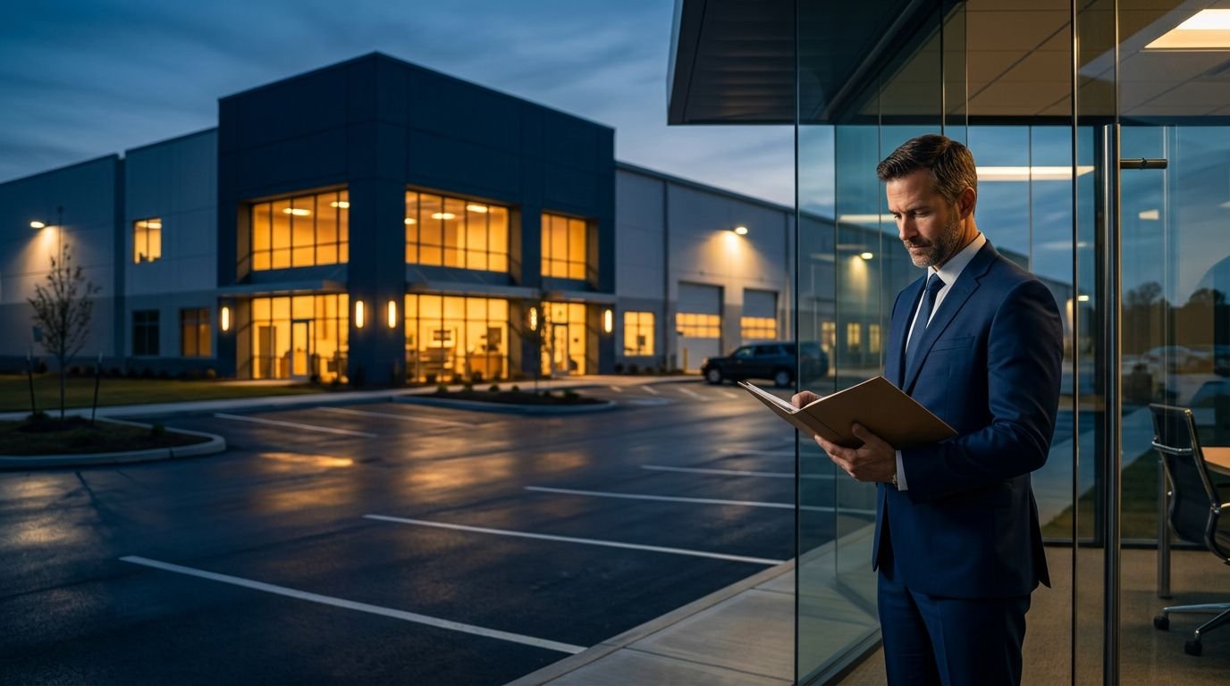 Business owner reviewing a property appraisal outside an illuminated commercial complex at dusk.