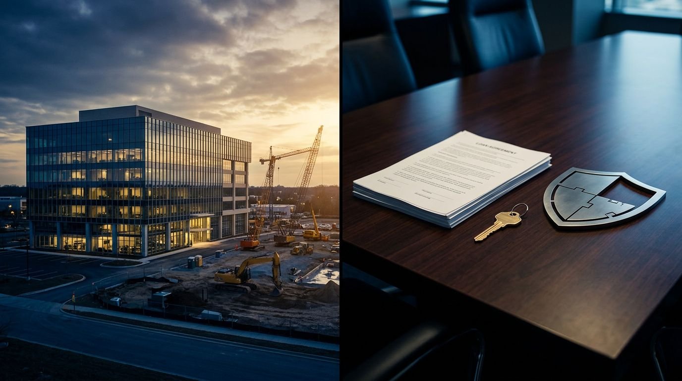 A modern office building and construction equipment sit beside loan documents, a key, and a shield-shaped boundary.