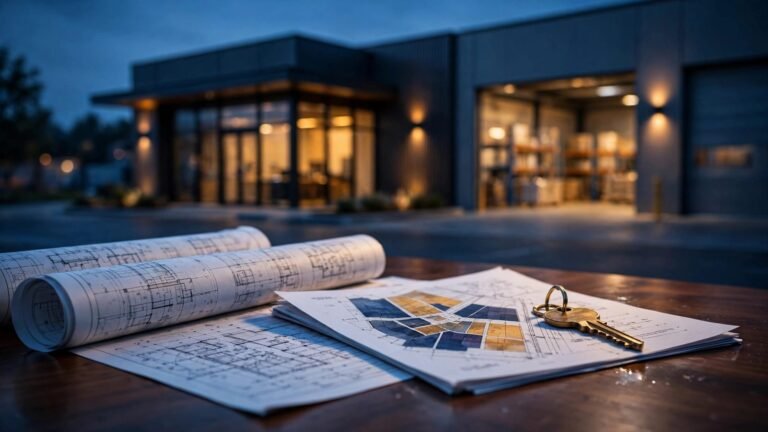 Site plans and a brass key on a table in front of an illuminated storefront.