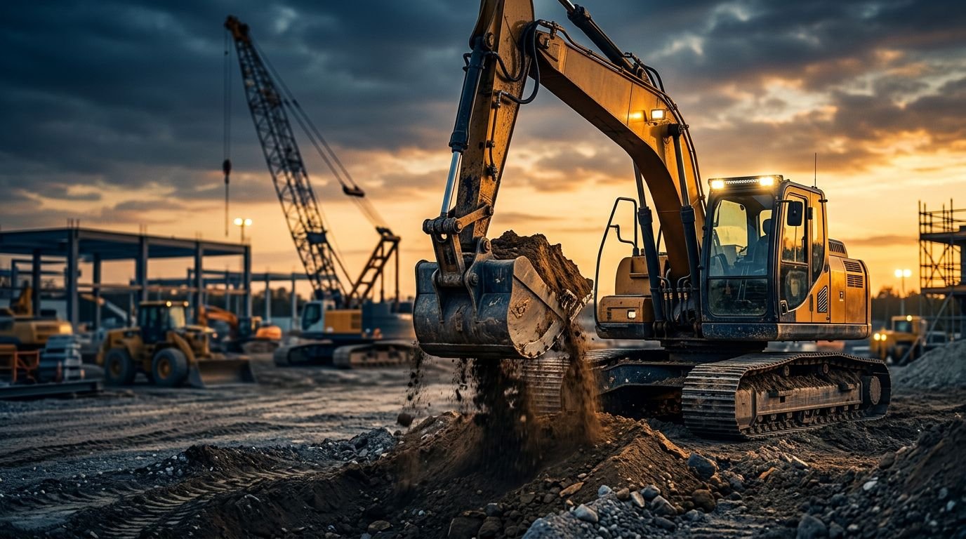 An excavator digging at a construction site during golden hour.