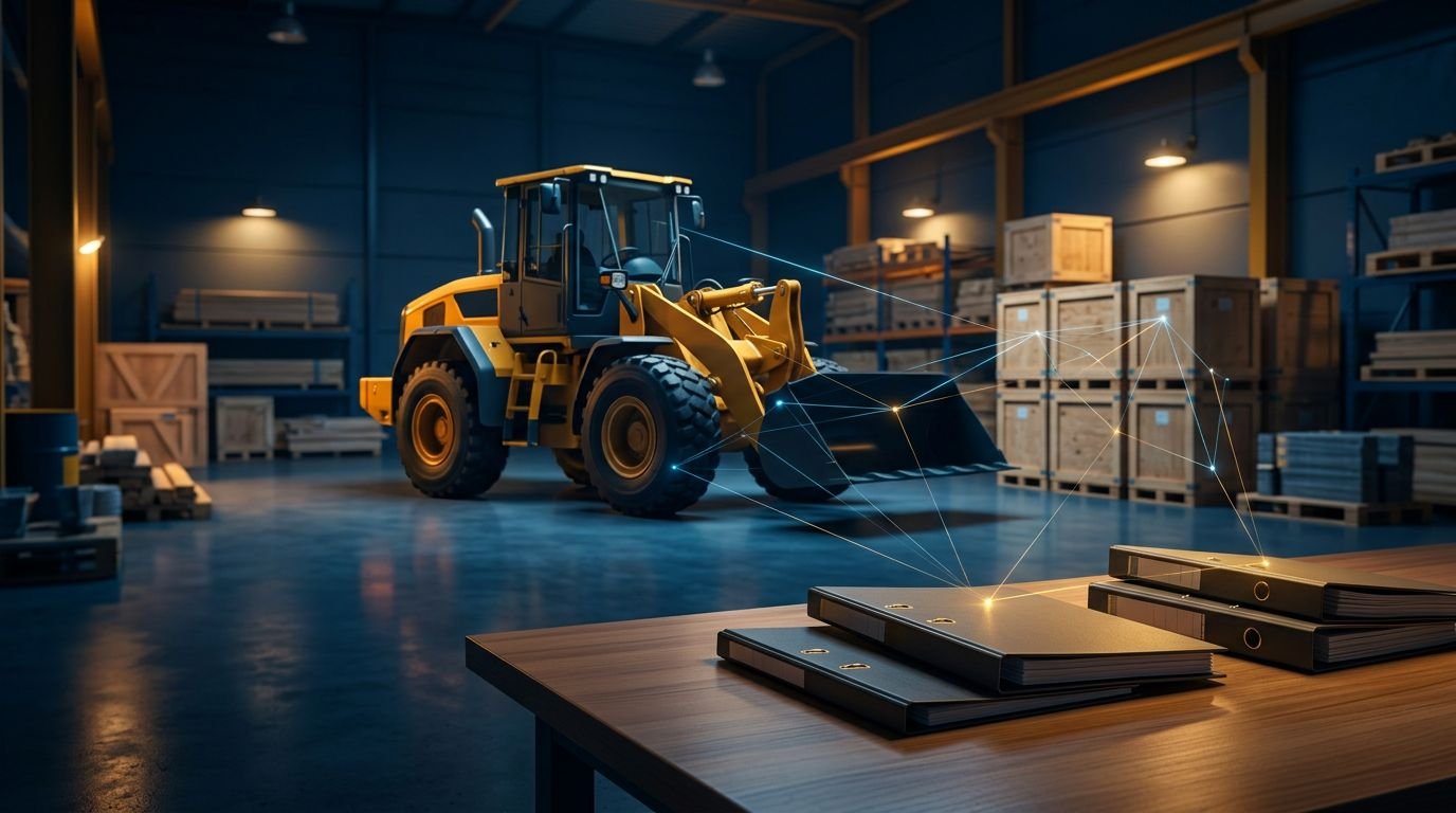 A yellow loader, stacked crates, and sealed folders connected by glowing lines.