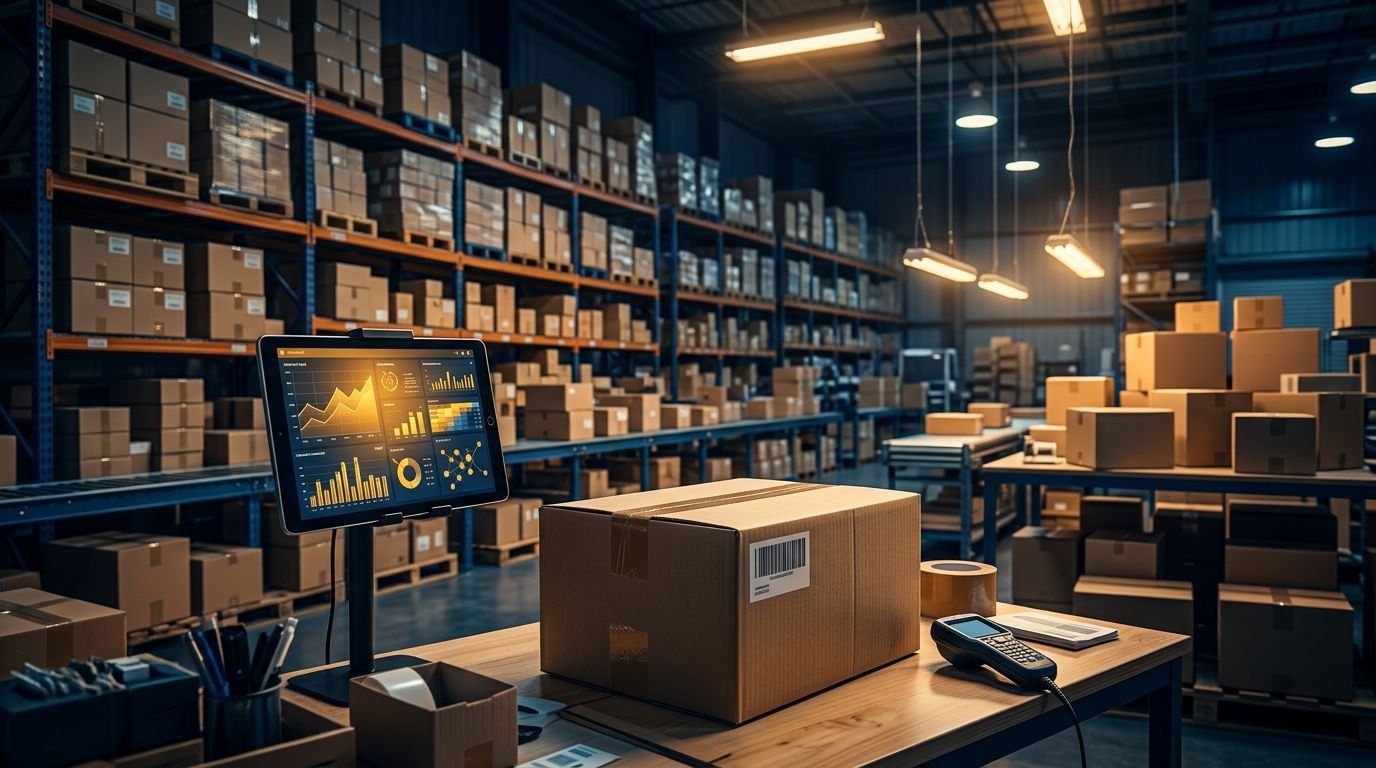 An outgoing parcel sits beside stacked cartons and a glowing tablet in a warehouse.