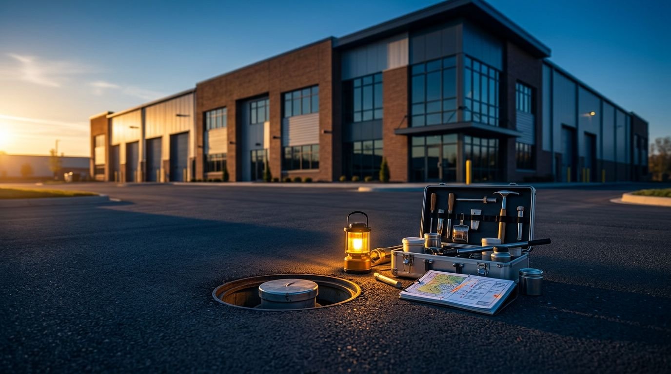 Industrial property with a fuel tank access point, soil tools, plans, and a safety lamp.