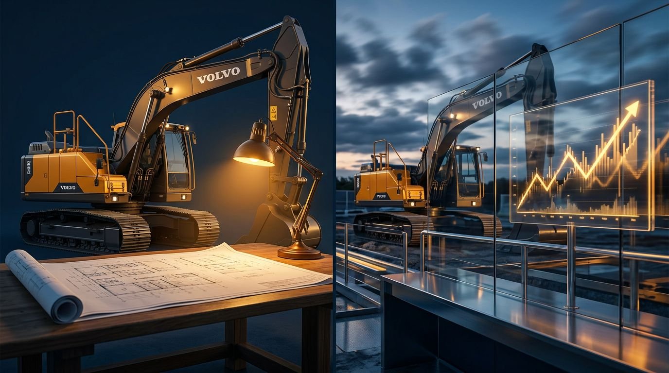 A split worksite shows an excavator, plans, warm lamp, clouds, and glowing market lines.