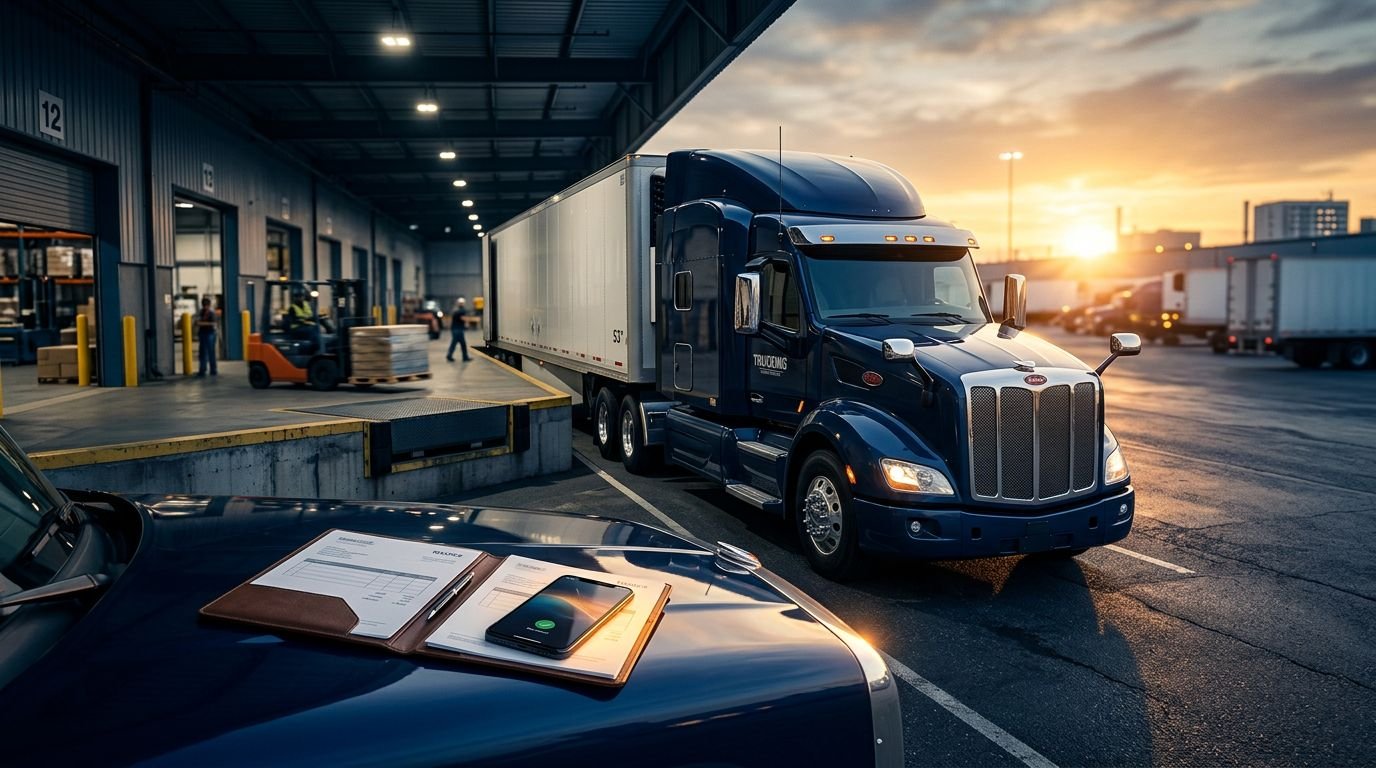 A semi-truck at a loading dock with an invoice folder and smartphone on the hood.