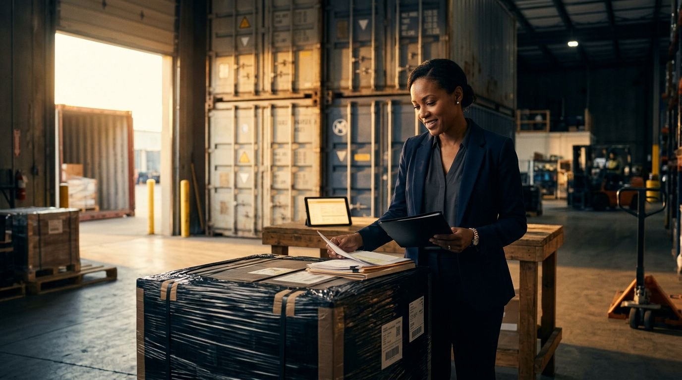 Business owner checks shipping papers beside containers and a secured cargo pallet in a sunlit warehouse.