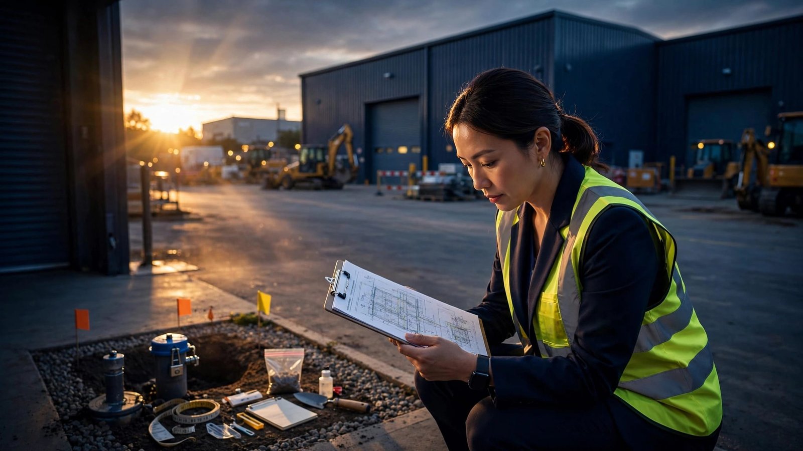 Environmental consultant reviewing plans beside a warehouse soil-monitoring area at dusk.