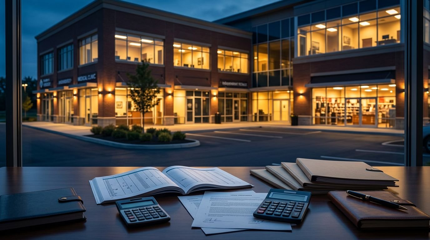Desk with rent documents and calculator overlooking a warmly lit commercial property at dusk.