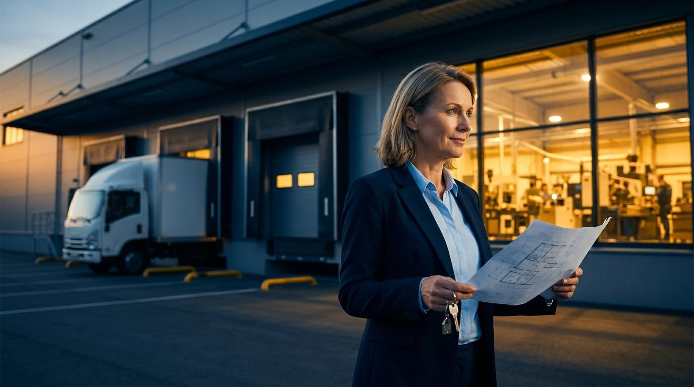 Business owner holding keys and plans outside a lit manufacturing facility.