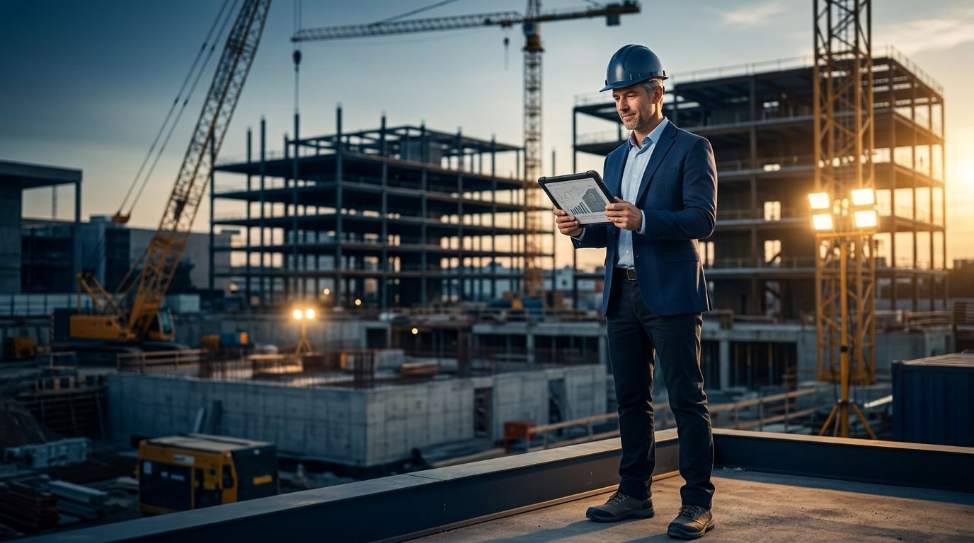 Construction manager reviewing plans at a commercial building site.