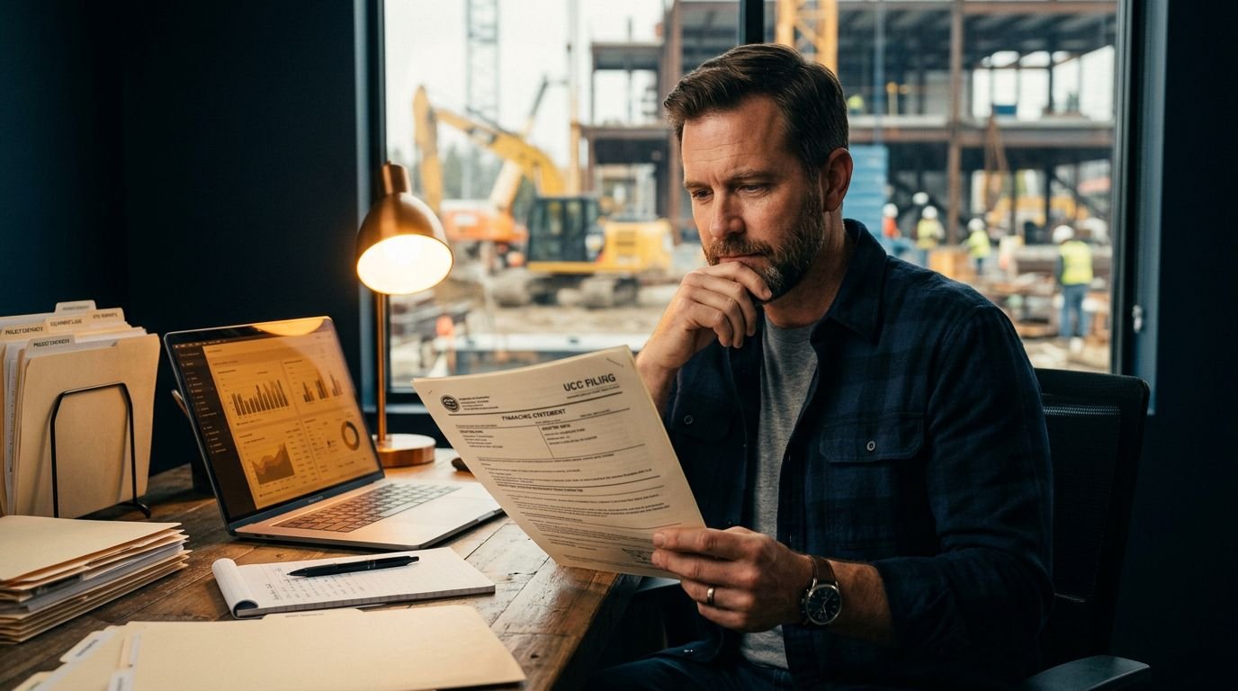 Business owner reviewing a filing document beside a laptop and organized folders.